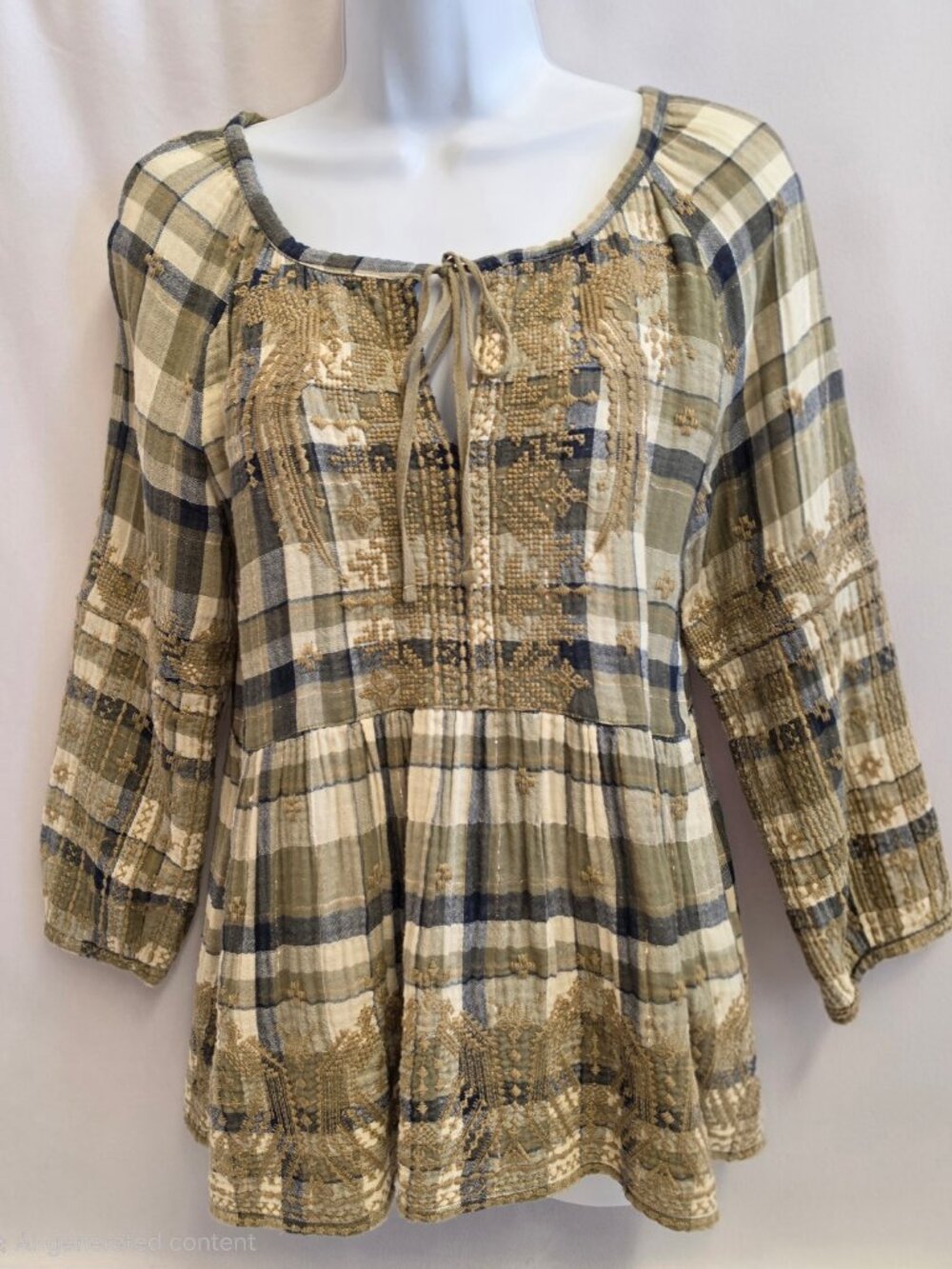 Johnny Was Workshop Embroidered Peasant Blouse Tunic Boho Prairie Green Beige S